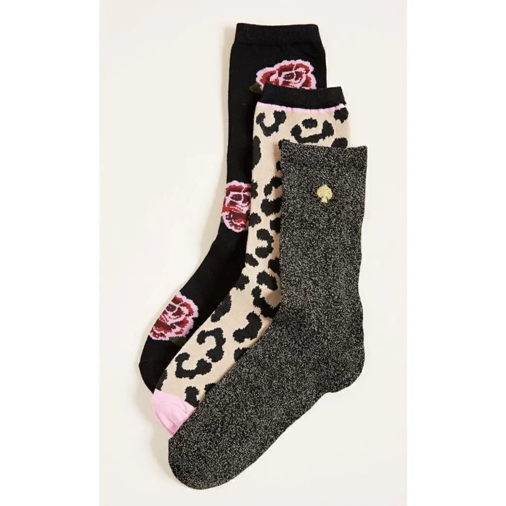 Kate Spade Crew Socks 3 Pairs Leopard Cheetah Rose Flowers Shimmer Sparkle OS